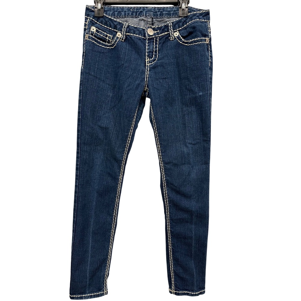 Seven7 Women Low Rise Skinny Jeans Dark Wash White Contrast Thick Stitch Size 28